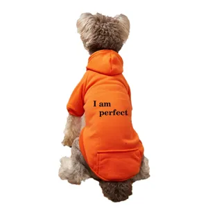 Orange fleece dog hoodie with pocket and print, warm pet apparel for small dogs and cats.