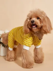 Dog yellow striped four-leg pajamas detail view, soft cotton pet onesie for small dogs.