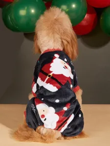 Cute Christmas pet dog fleece onesie with Santa Claus print, warm four-leg winter apparel.