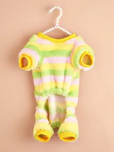 Colorful striped pet fleece jumpsuit, soft warm four-legged dog clothes for winter and autumn.