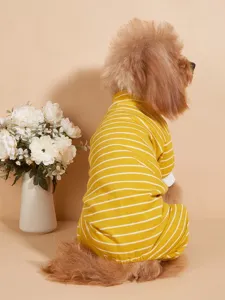 Dog turtleneck striped cotton jumpsuit pajamas detail view showing cozy fit for pets.
