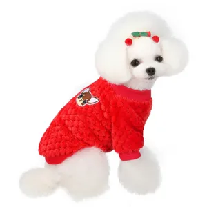 Cute winter warm red fleece pet dog sweater with cute cartoon puppy patch design.