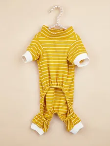 Cozy yellow striped dog onesie with a high collar, comfortable four-legged pet pajamas for daily wear.