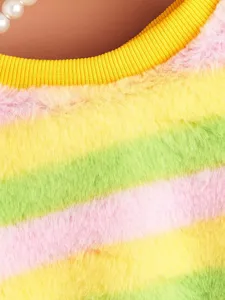 Detailed shot of colorful striped soft fleece pet clothing collar, warm winter puppy wear