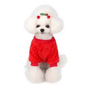 Close-up detail of the red plush pet sweater with cozy turtleneck, soft winter apparel for puppies.