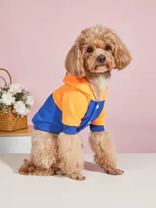 Detailaufnahme des bunten, farbblockierten Fleece-Hundehoodies für kleine Haustiere.
