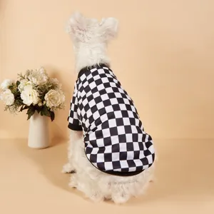Black and white checkerboard pattern pet dog sweater detail view, cozy pullover hoodie design.
