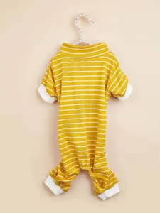 Yellow and white striped pet jumpsuit detail, soft high neck cotton dog loungewear.