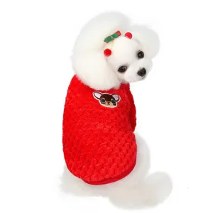 Cozy winter warm red pet fleece sweater, high collar puppy apparel with cute cartoon patch.