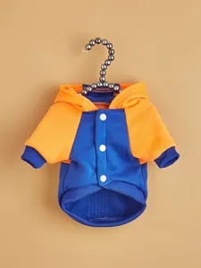 Detailansicht des bunten Fleece-Hundepullovers mit Kapuze für kleine Hunde und süße Haustiere.