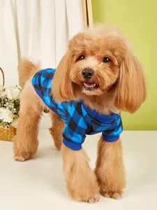 Vue détaillée d'un chien portant un pull en polaire à carreaux bleus dans un studio douillet.