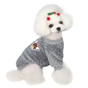Cute grey pet sweater detail featuring soft fleece fabric and adorable cartoon dog patch.