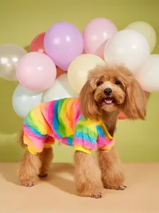 Colorful striped fuzzy dog four-leg onesie, soft warm winter pet fleece apparel detail.