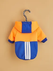 Detailansicht des bunten Hundehoodies im Color-Block-Design mit Kapuze und gestreifter Rückseite.