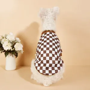 Dog brown white checkered sweater pet fleece pullover apparel cute puppy autumn winter clothes