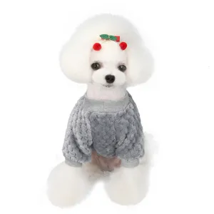 Grey fleece pet sweater detail view, warm winter dog apparel featuring high collar design.