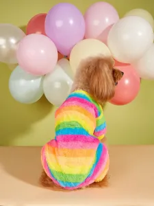 Colorful striped pet fleece jumpsuit detail, soft warm four-leg dog clothes back view.