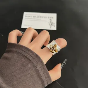 Bague Ouverte Large Vintage Effet Vieilli Femmes Cuivre Géométrique Perles de Rocaille Gland Visage Souriant Bague Retro Ajustable Bijoux