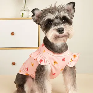 Cute pink summer pet dog cat vest with lovely rabbit and flower print and cute ruffles detail.