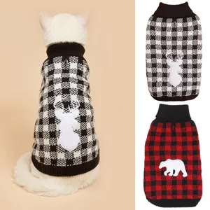 Pet knitted turtleneck sweater with classic plaid pattern and cute animal applique design.