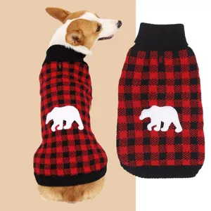 Classic red and black plaid pet dog sweater with cute white bear silhouette and warm turtleneck.