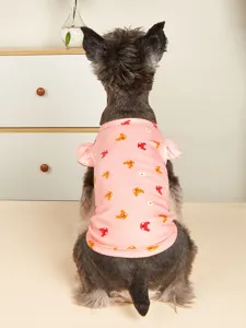 Summer cute dog shirt with rabbit and flower print, breathable flying sleeve vest top.