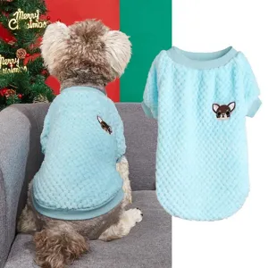 Cute blue pet fleece sweater with cartoon dog logo, soft warm two-legged puppy clothes