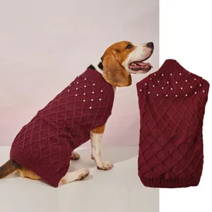 Detailed view of the pet knitted sweater featuring diamond patterns and elegant pearl decors.