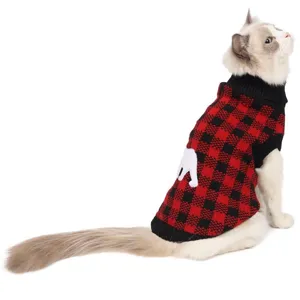 Classic red black plaid pet sweater turtleneck knit cat dog apparel with cute white glove detail