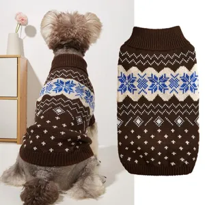 Detailed view of cozy knit dog sweater with turtleneck and winter snowflake patterns.