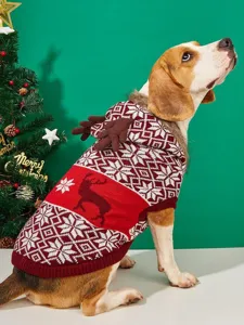 Cozy knit dog sweater with cute reindeer antlers and classic Christmas snowflake patterns.
