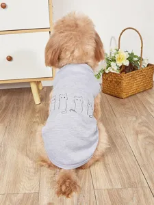 Grey summer pet vest featuring cute minimalist cat line art, lightweight dog and cat clothing.