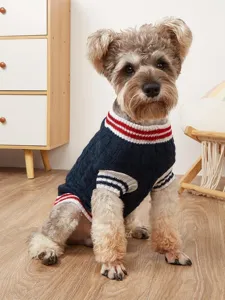 Retro cable knit pet sweater in navy blue with red white striped details for dogs and cats.