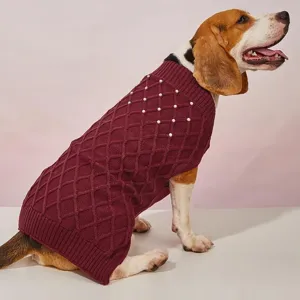 Cozy burgundy dog sweater with diamond knit and pearl decor for pets, perfect winter warmth.