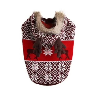Close-up of the knitted dog sweater detail featuring faux fur hood and cute 3d reindeer antlers.
