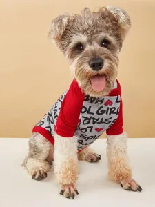 Detailed view of cute pet dog t-shirt with raglan sleeves, letter print, and heart patterns.