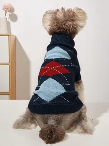 Cozy dog sweater autumn winter turtleneck navy blue argyle pattern knit pet apparel detail