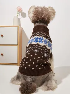 Detail view of winter pet knit sweater featuring Nordic snowflake and wave print for dogs.