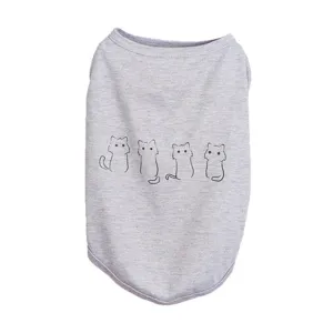Gray pet vest with cute cat line art print, soft and cool summer clothes for dogs and cats.