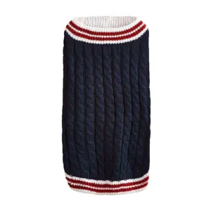 Navy blue cable knit pet sweater with red white striped ribbed collar and hem for dogs.