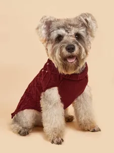 Wine red knitted dog sweater with diamond pattern and pearls for autumn and winter warmth.