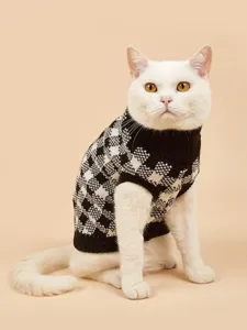 Cozy knit pet sweater featuring a stylish plaid turtleneck design for cats and small dogs.