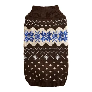 Close-up display of the brown pet sweater showing cozy knit snowflake patterns for winter wear.