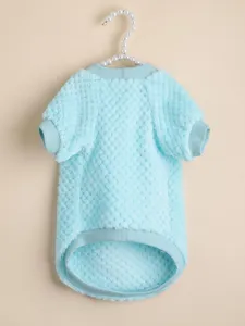Soft coral fleece pet dog clothes detail view, cozy ribbed neck, light blue warm puppy fleece.