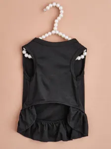 Black pet dog dress with ruffle hem detail, stylish and cute apparel for small dogs and cats.