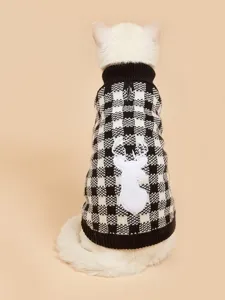 Detail view of black and white plaid cat sweater featuring a cute white deer motif design.
