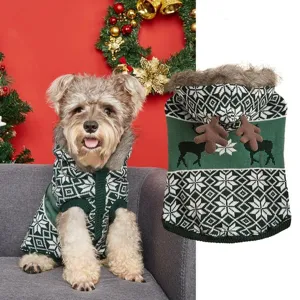 Plush knitted dog sweater detail showing cute reindeer antlers and festive winter warmth design.