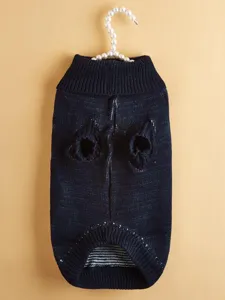 Dark blue knitted pet sweater detail, cozy winter dog apparel with high collar and pearl hanger.
