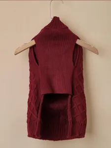 Close-up detail of soft red knitted pet sweater with stylish diamond pattern and warm turtleneck.