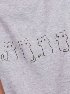 Grey pet clothing fabric detail close-up showcasing cute minimalist cat line art print.